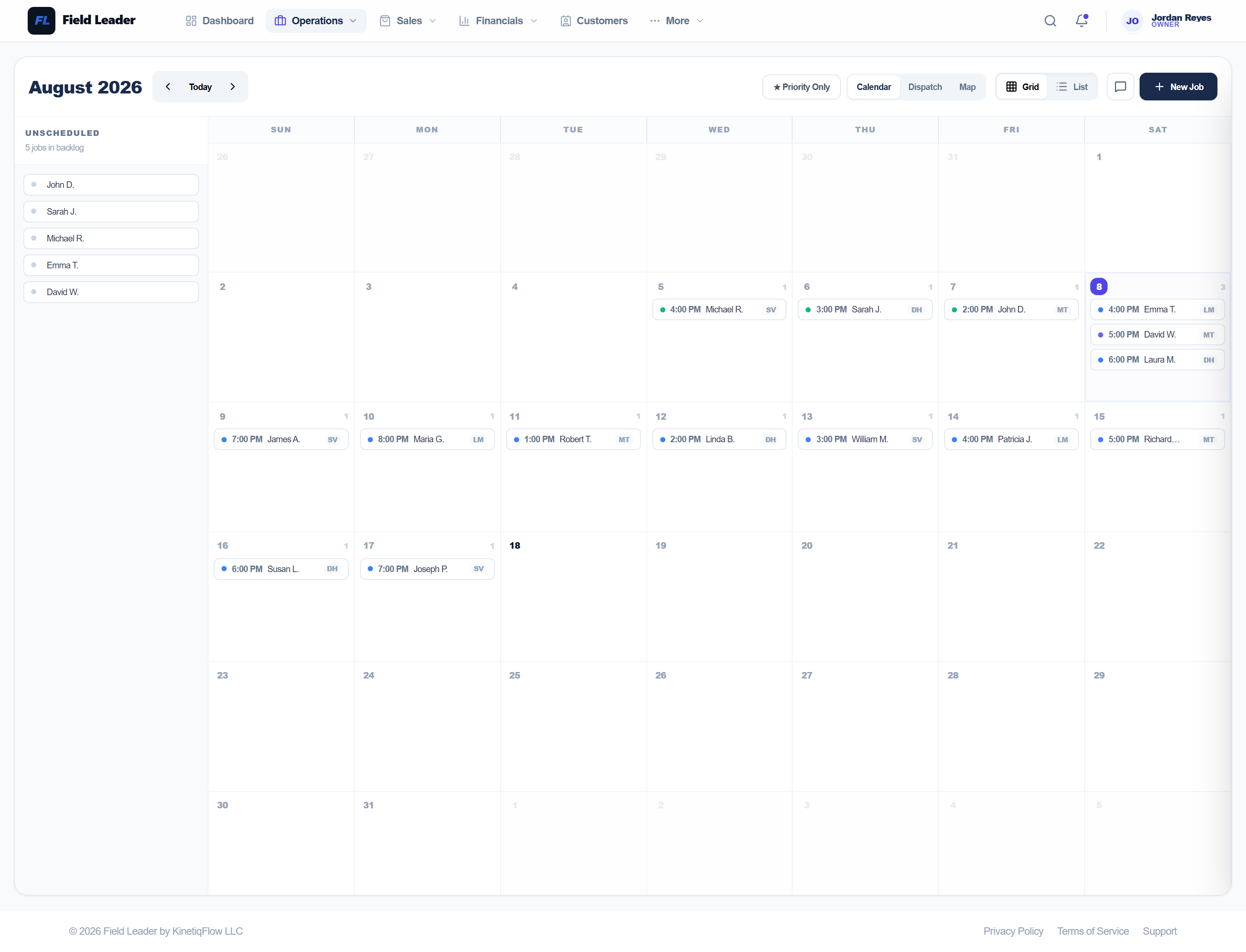 Dispatch calendar showing monthly job schedule with technician assignments