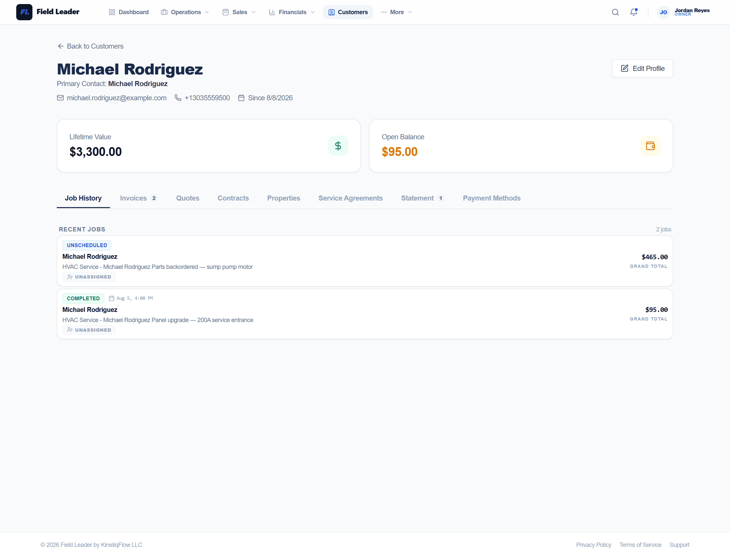 Customer profile with job and invoice history