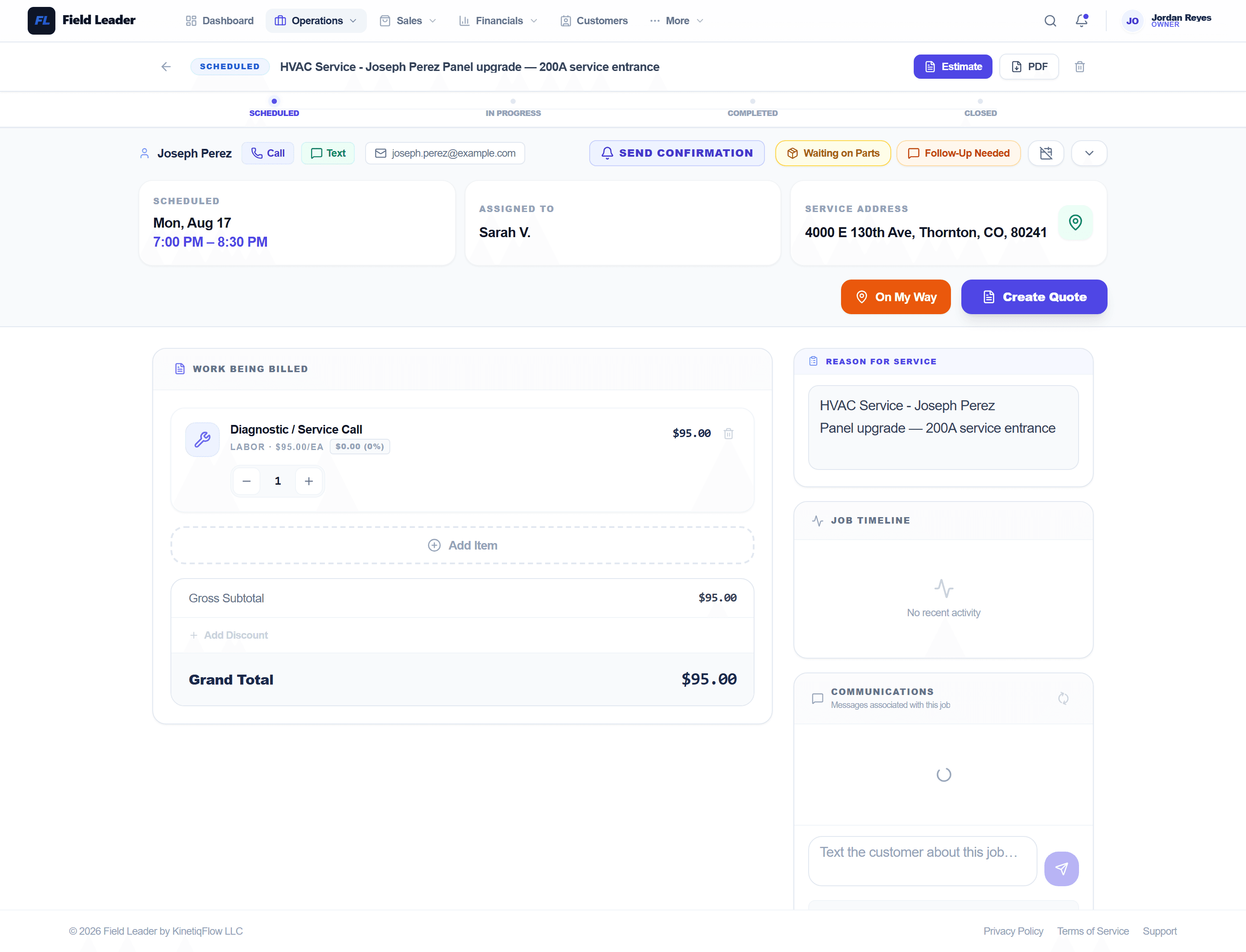 Job detail view with line items and status timeline