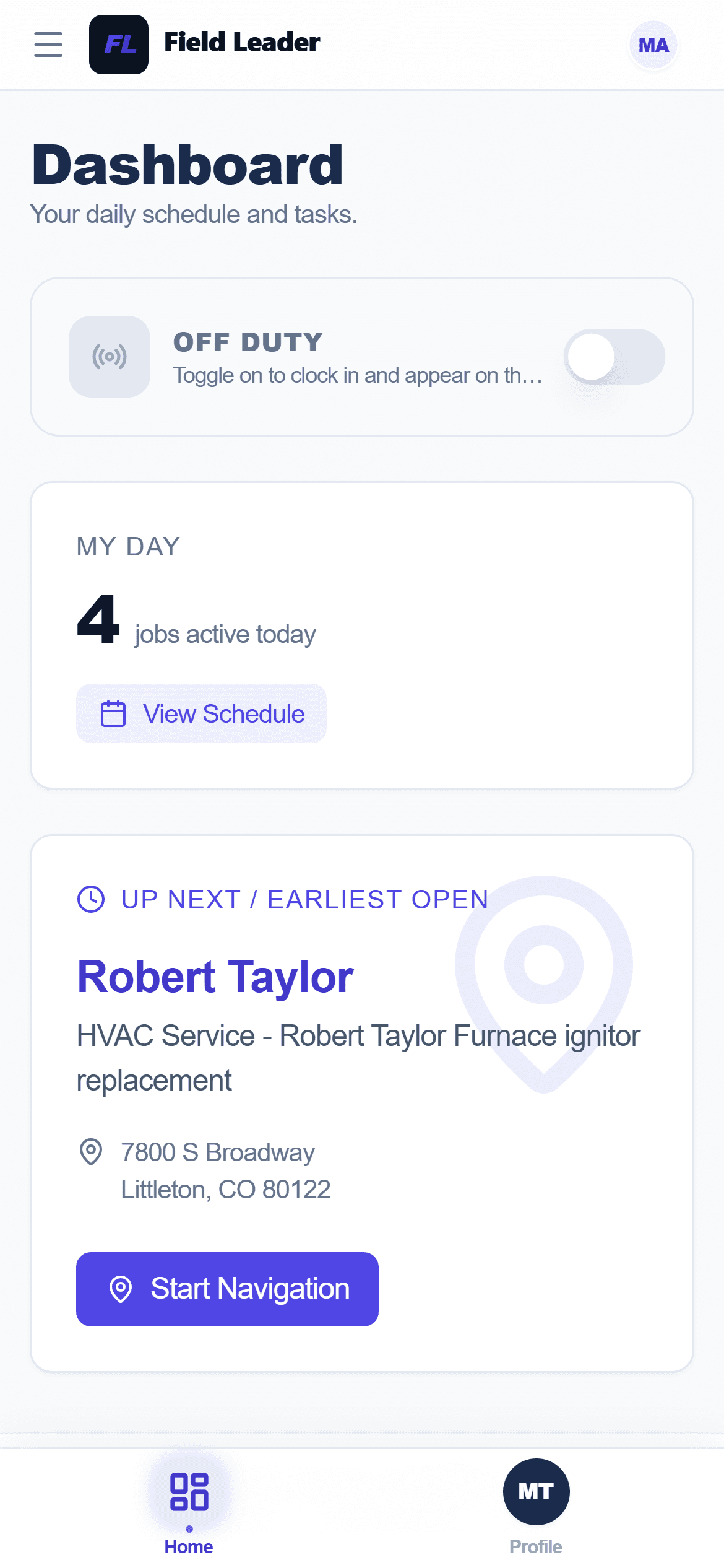 Technician mobile home screen showing today's jobs