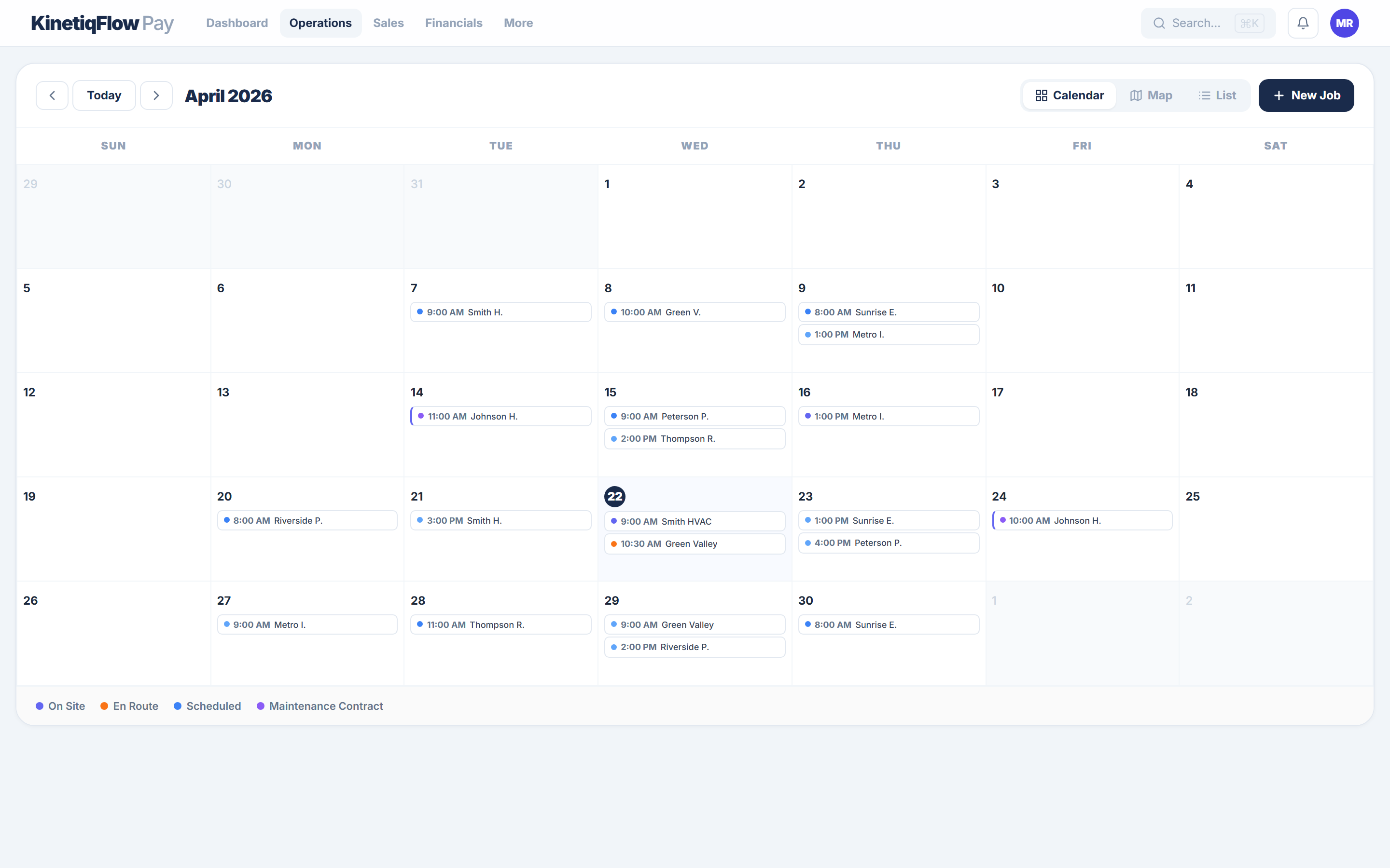 Dispatch calendar showing weekly job schedule with technician assignments