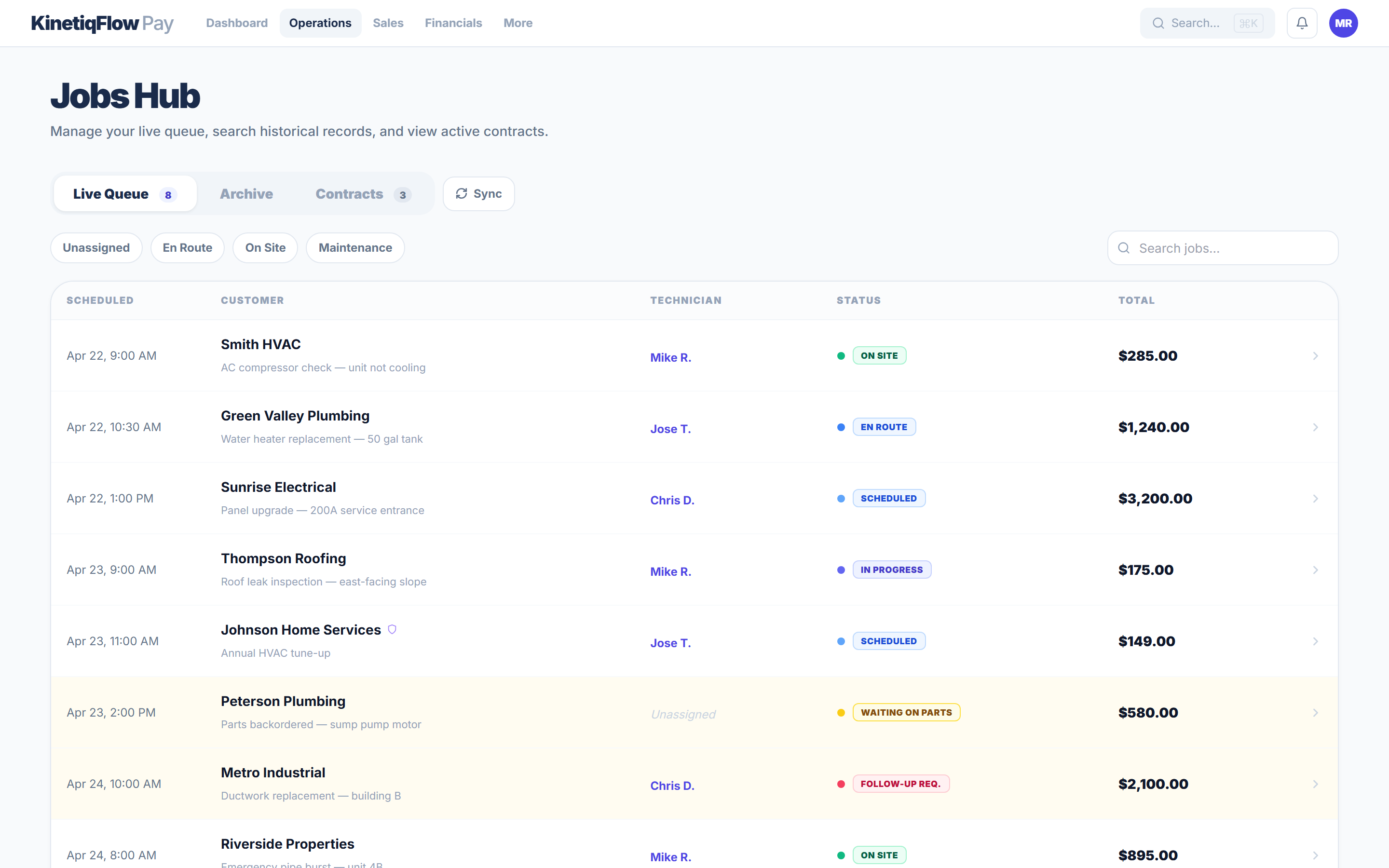 Jobs dashboard showing job list with status, technician assignment, and scheduling